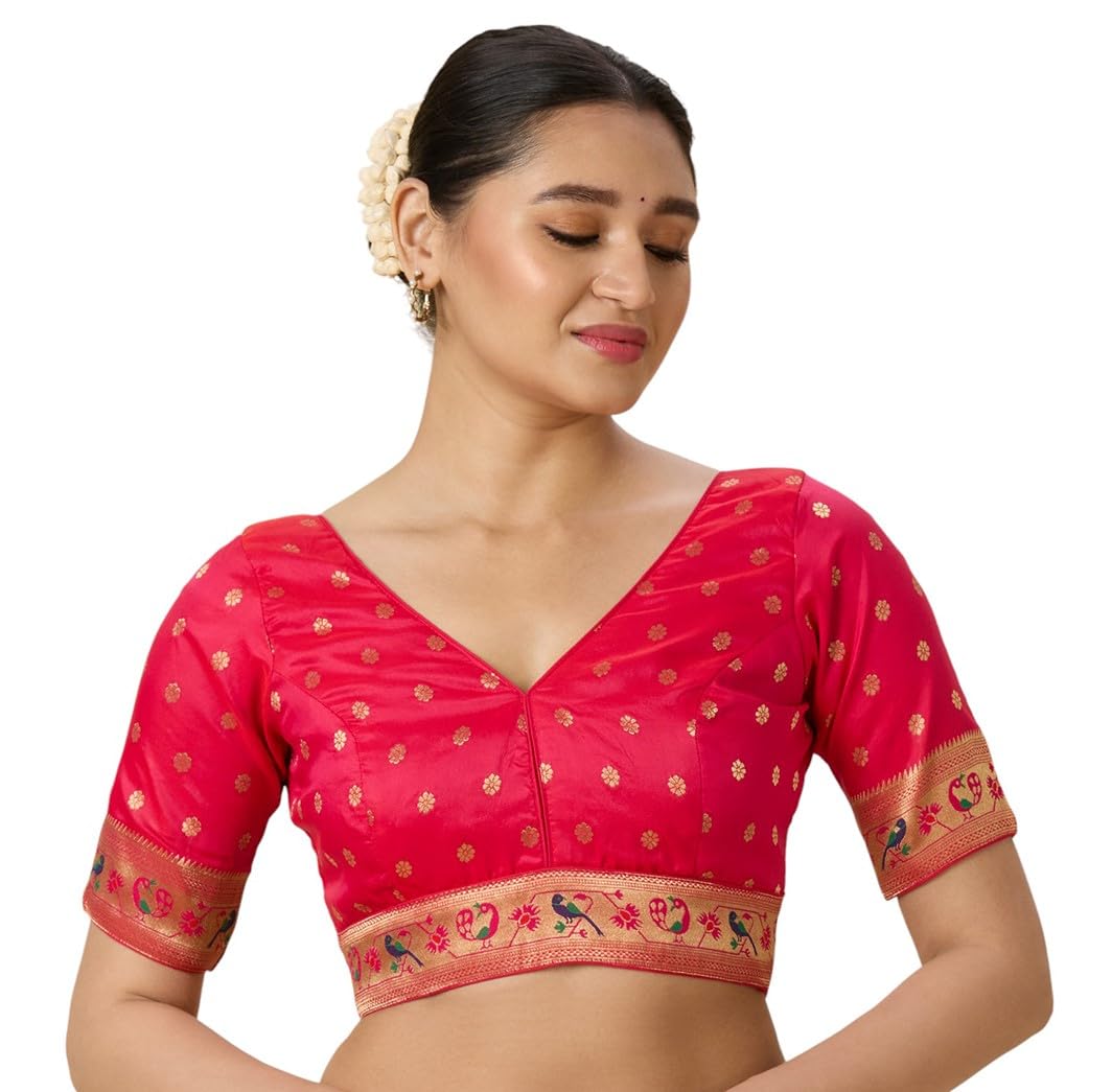 studio shringaar Women's Multicoloured Brocade Saree Blouse with Peacock Border-picture-19