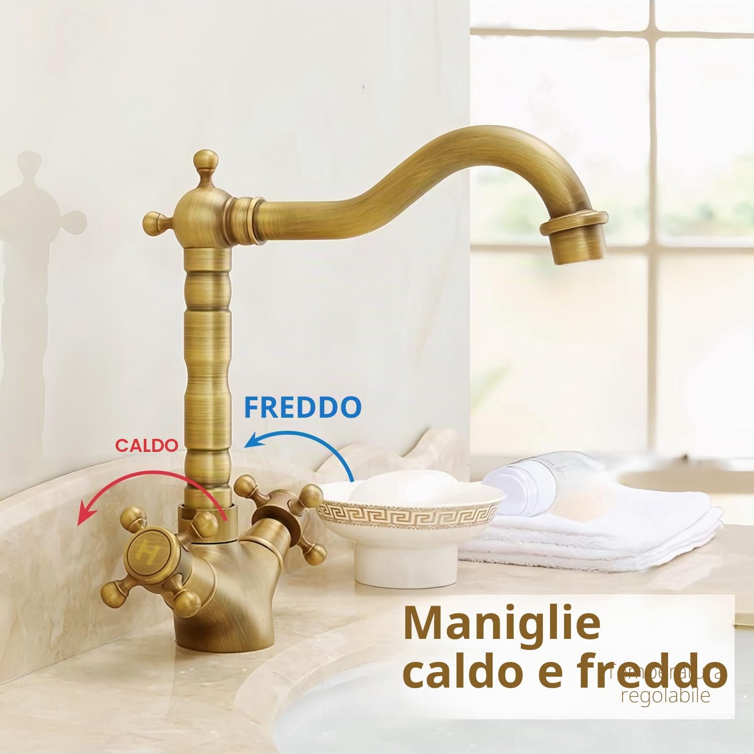 Retrò Rubinetto Lavello Cucina Bronzo, Rubinetto Lavabo Alto in Ottone Anticato, 360° Girevole Vintage Miscelatore con Doppia Maniglia per Bagno Cucina
