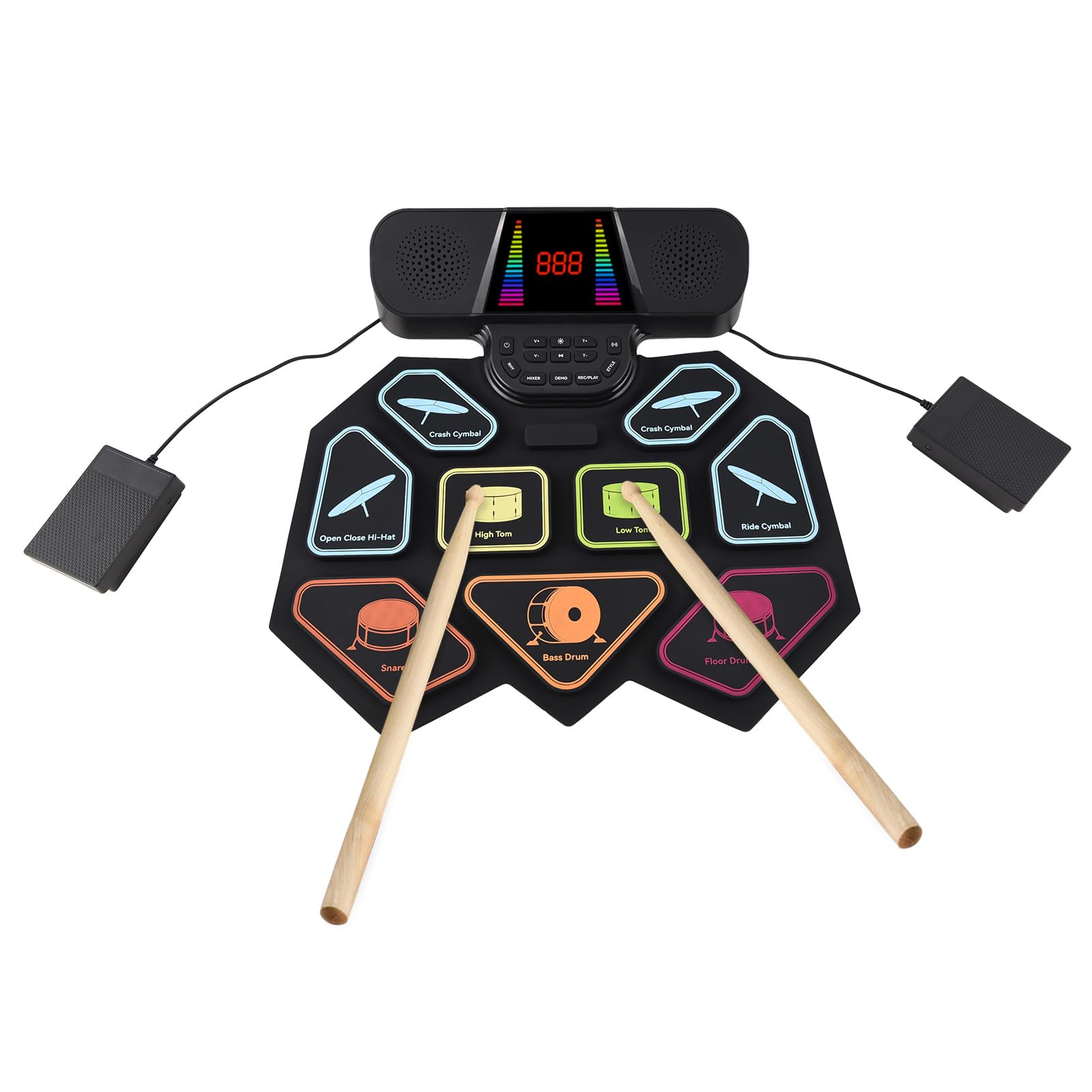 Batería Electrónica Portátil, Kit de Batería de Mano con Luces LED, Recargable, Ligera, 9 Pads, Pad Práctica, Baquetas para músicos. (Negra)