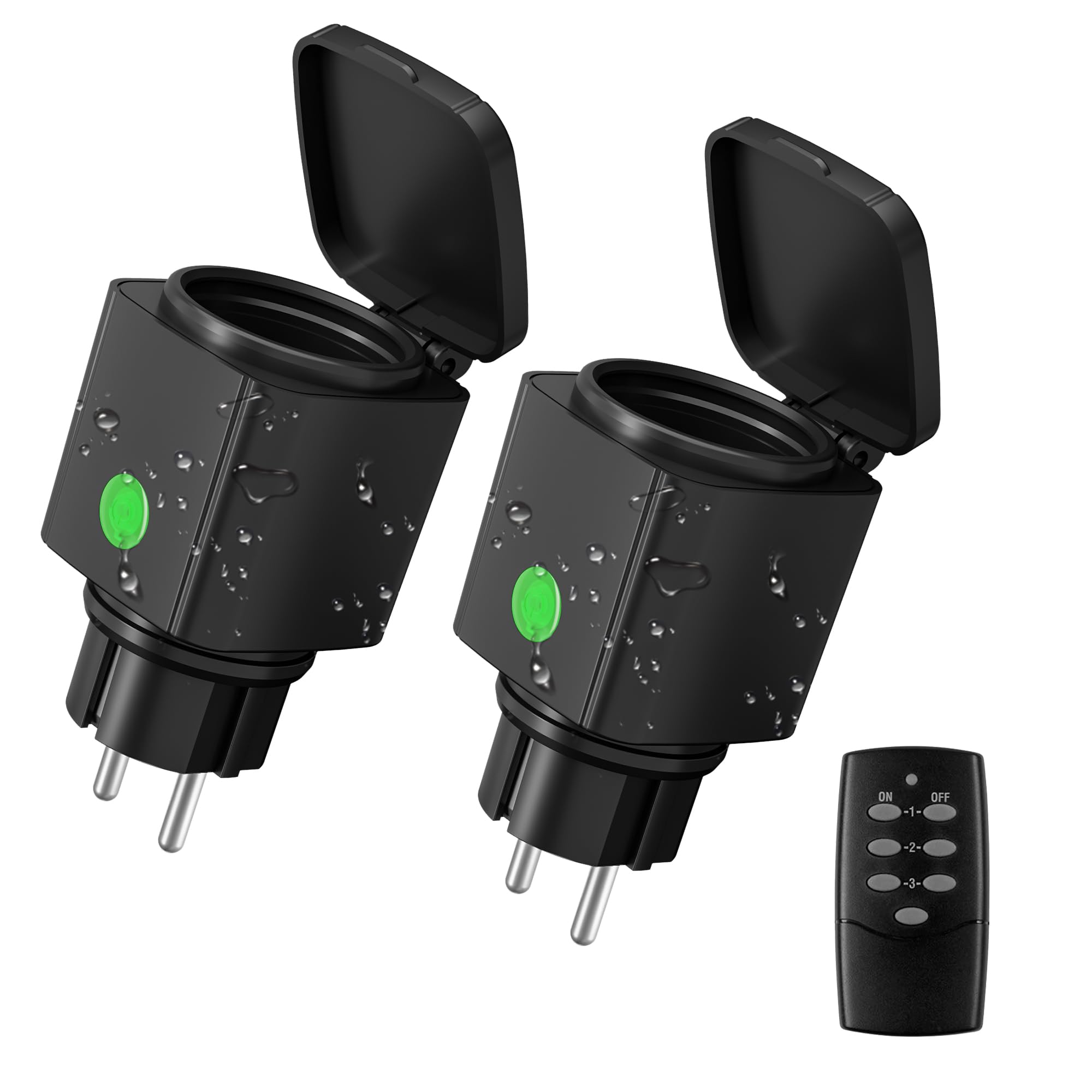 HBN Funksteckdosen mit fernbedienung Aussen, IP44 Wasserdicht Funkschalter Set - 2er Steckdosen mit Fernbedienung für Außenbereich, Garten, Terrasse, Balkon, Lichterkette, 3680W Schwarz