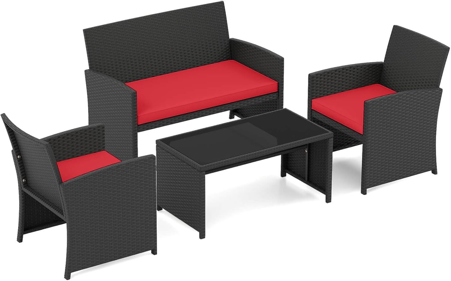 4 PCS Patio Conversation Set w/Seat Cushions & Tempered Glass Tabletop, Porch