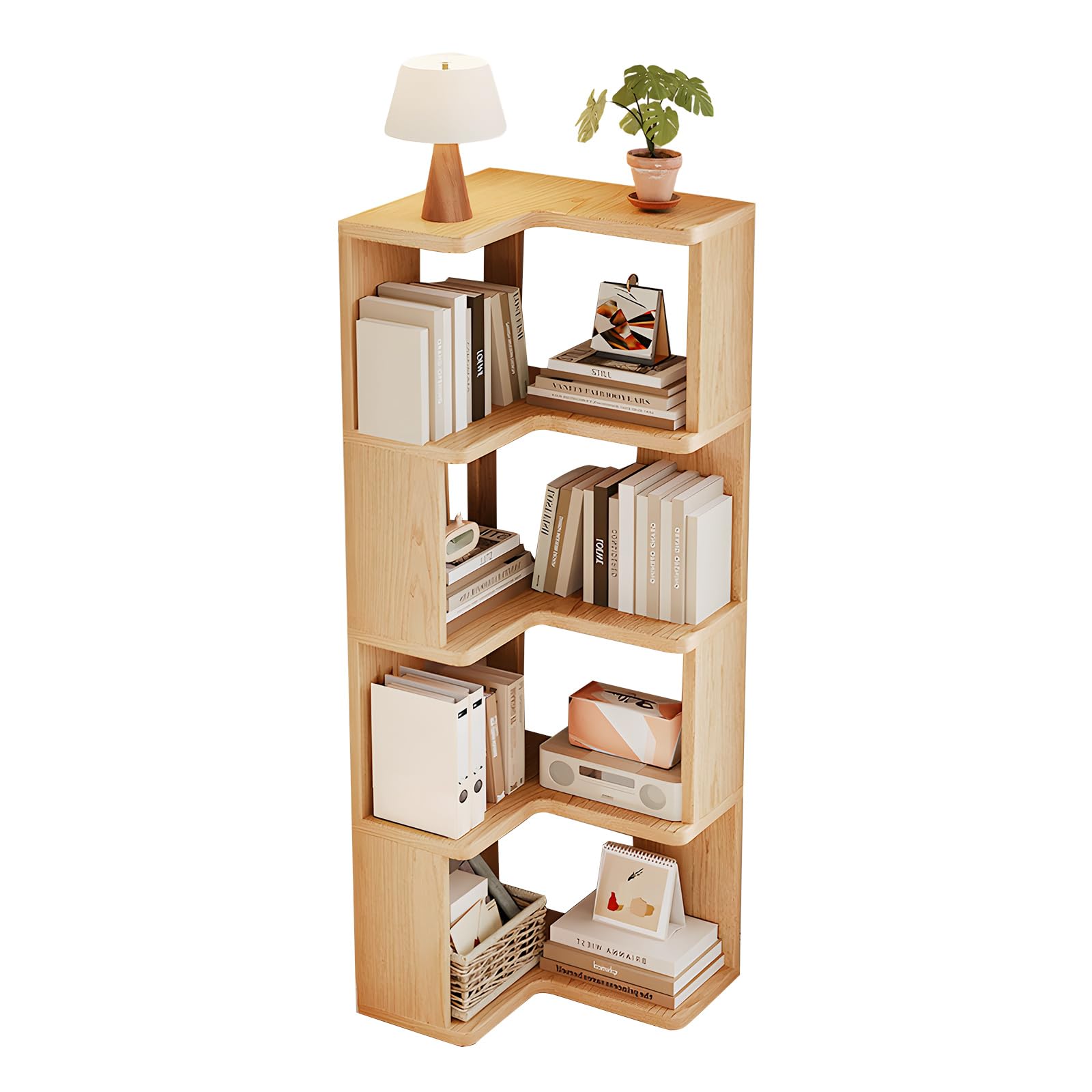 4 Niveles Estantería Esquinera, Madera Libreria Estanteria, Estanterias para Libros, Ahorra Espacio, Estantería en Forma de L para Sala de Estar, Dormitorio, Oficina, Color de la Madera