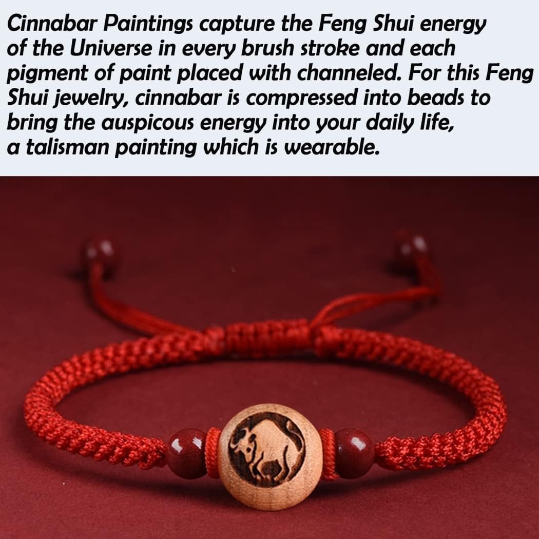 Pulsera Feng Shui, Riqueza, Piedra Cinabrio, Encanto Animal del Zodíaco Chino, Pulsera de Cristal de Chakra de Hilo Rojo, Amuleto de Buena Suerte