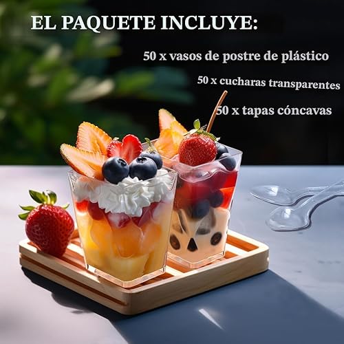 Miniatura 4 de Paquete de 50 tazas de plástico transparente de 5 onzas con tapas y cucharas, tazas cuadradas reutilizables para aperitivos de parfait, taza de