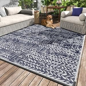 Outdoor Rug 6×9 Waterproof Outdoor Carpet Reversible Patio Rug Portable Camping Rug Modern Abstract Plastic Straw RV Rug for Picnic Beach Balcony Pool Deck Foldable Rug Grey Blue