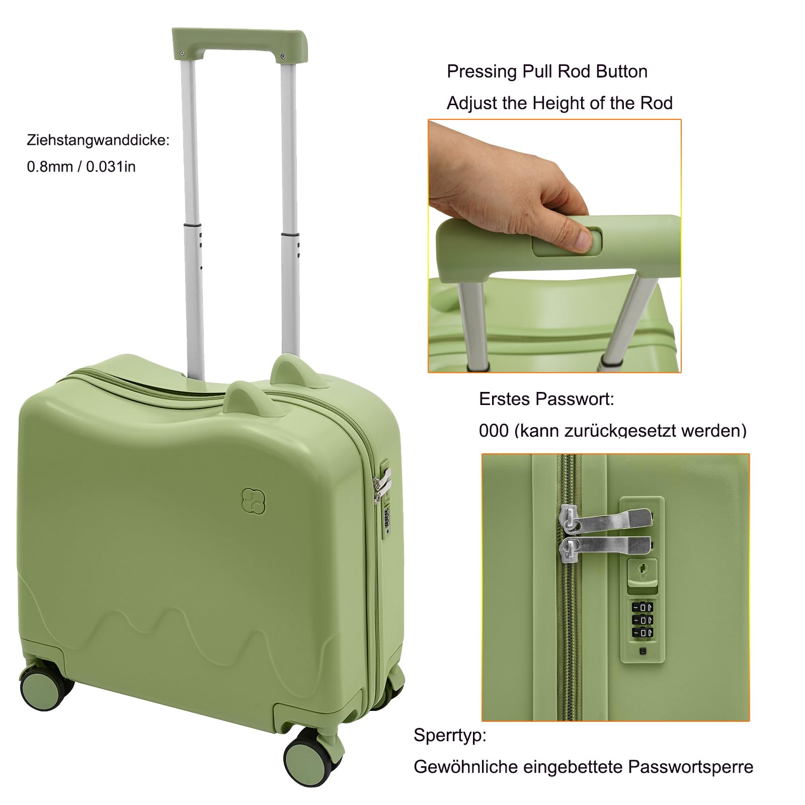 18 Zoll Kinderkoffer zum Draufsitzen, 37L Kindergepäck Trolley zum Reisen,Hartschale Reisegepäck 45.5 * 23 * 43.5cm,mit Passwortsperre und Höhenverstellbare Deichsel (Olivengrün)