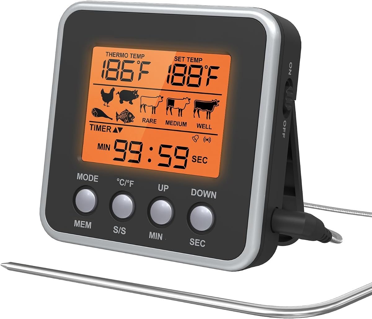 Digital Meat Thermometer for Oven, Food Thermometer with Large LCD, Backlight, Kitchen Timer, Temperature/Time Alarm for Smoker, BBQ, Barbecue, Cookware