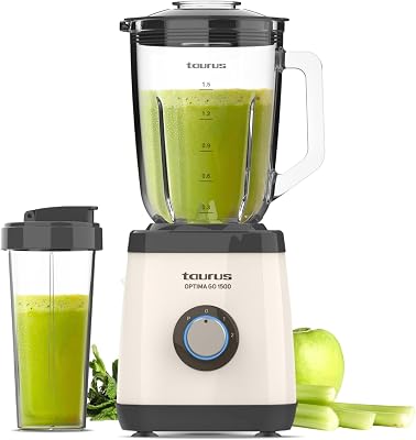 Taurus – Batidora de Vaso Optima Go 1500 | 1500W | Vaso Portatil 500ml | Cuchillas 4 Filos | 2 Velocidades + Turbo | Acero Inoxidable | Antideslizante | Sistema de Seguridad