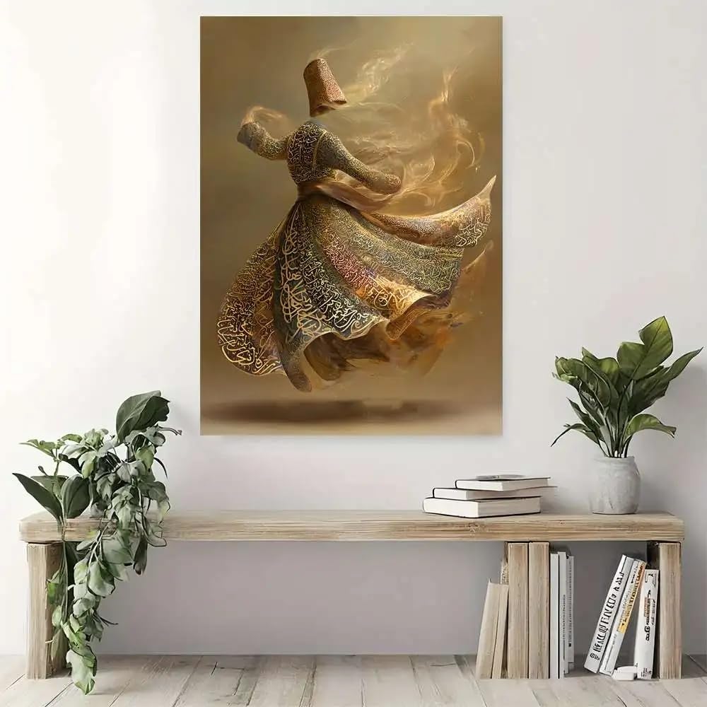 LTjiajuypd Image rotative unique d'un moine en robe calligraphique, toile murale avec motif islamique doré (70x110cm/sans cadre)