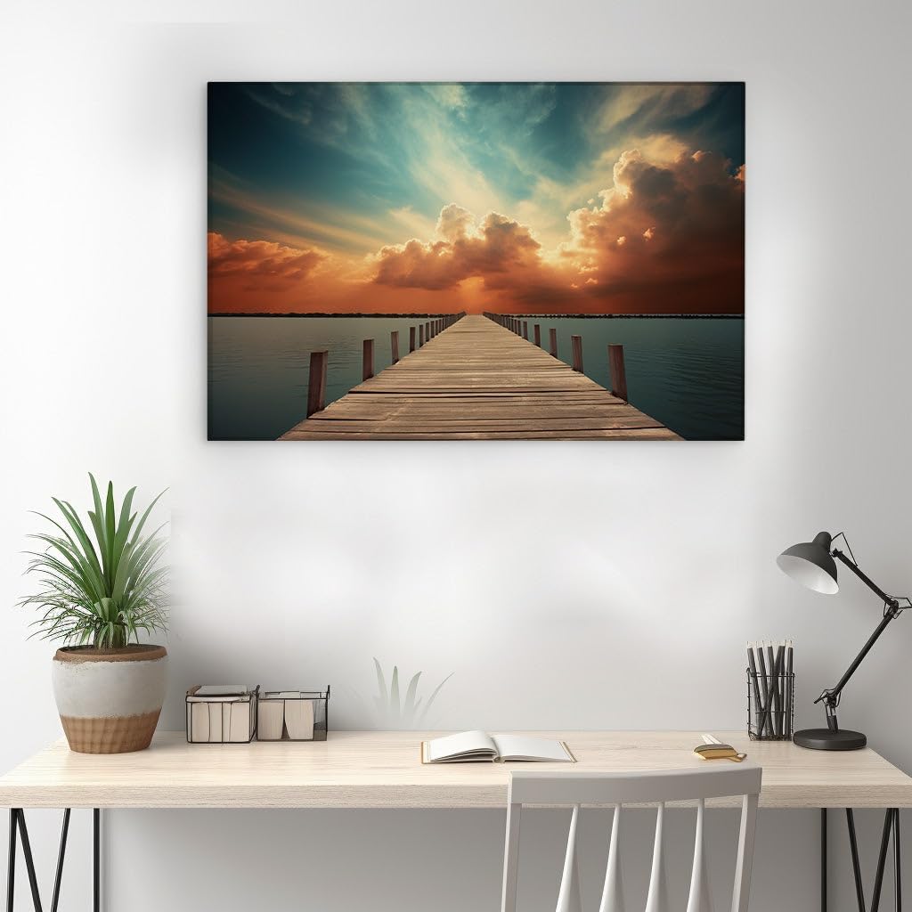 Canvas for Living room. Embracing Serenity at Dusk: A Wooden Pier's Journey into Calm Waters, 27 x 18 inch Canvas Wall Art - Contemporary Masterpieces - Modern Home Decor - 69x46 cm (27x18 inch)
