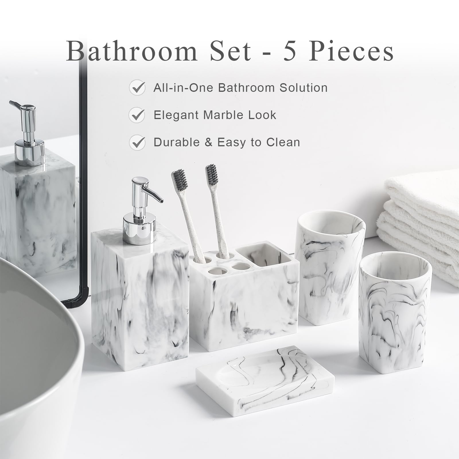 Juego de 5 accesorios para encimera de baño, dispensador para jabón líquido o loción, jabonera, soporte para cepillo de dientes y 2 vasos, resina con patrón de mármol (tinta blanca)