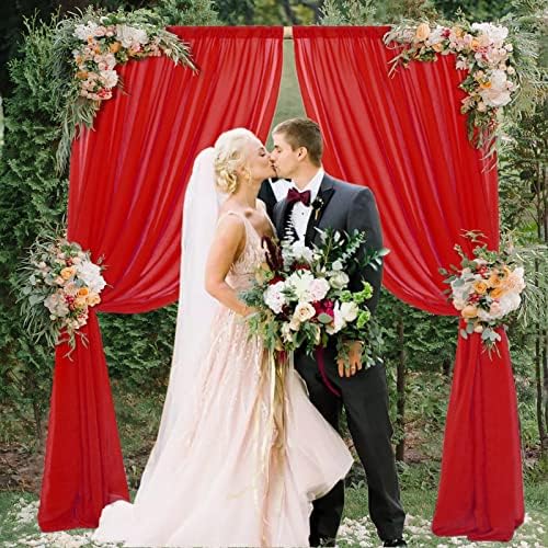 Chiffon Backdrop Curtain 5FTx10FT-White-Sheer Curtains 2 Panels -2.5FTx10FT Chiffon Fabric Drapes for Wedding Ceremony Tulle Photography Backdrop Drapes Party Stage (2.5FTx10FT, Red)