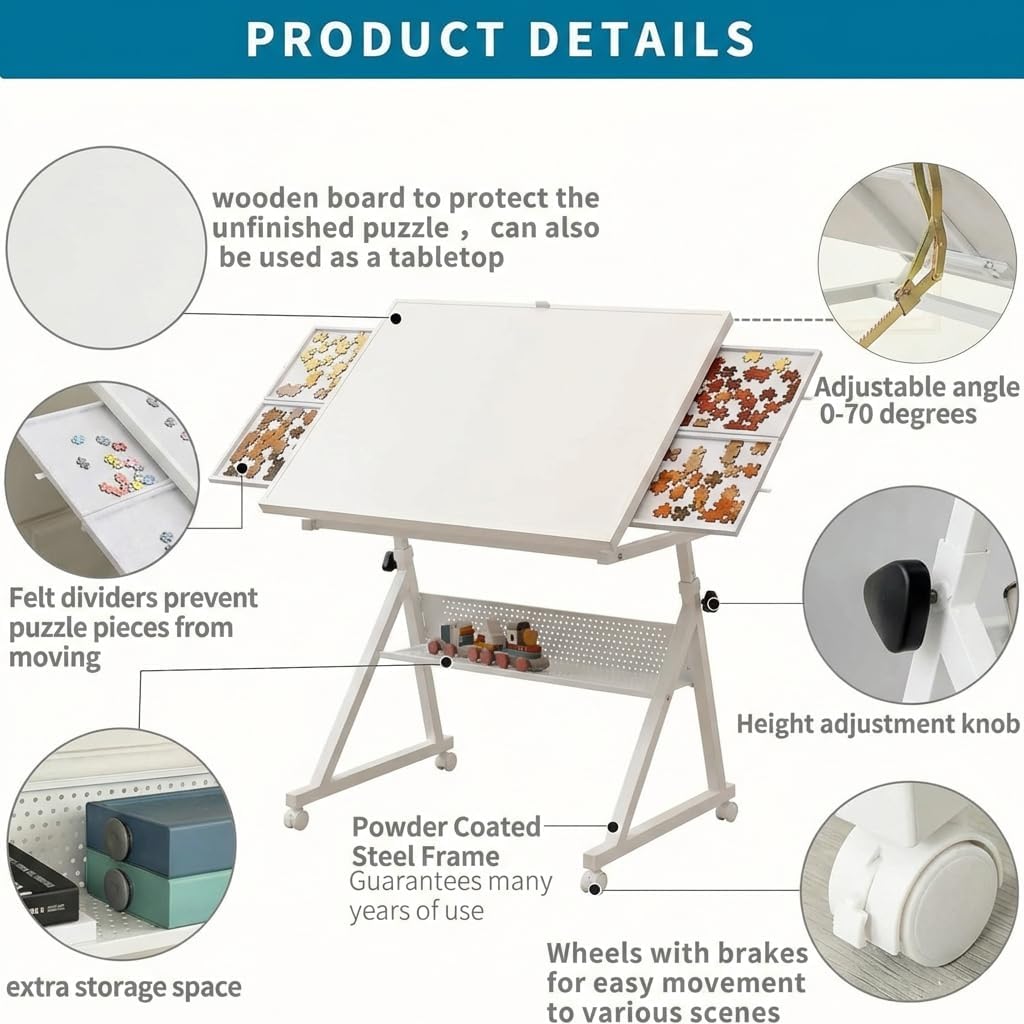1500 Pieces Jigsaw Puzzle Board Table, Adjustable Height & Angle with Locking Wheels, Adult Puzzle Desk with 4 Felt Trays & Wooden Cover for Home & Craft Rooms