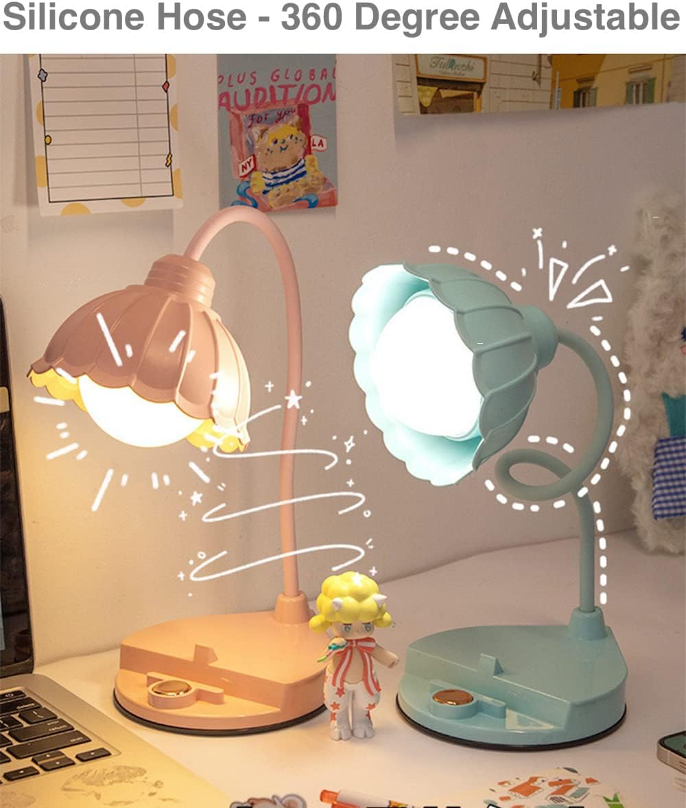JHTPSLR Cute Daisy Desk Lamp Metal Desk Lamp with USB Charging Port for Teen Girls School Dorm Bedroom 2-in-1 Desktop Phone Holder Stand LED Reading Light Pluging and Rechargeable Lamp (Blue)