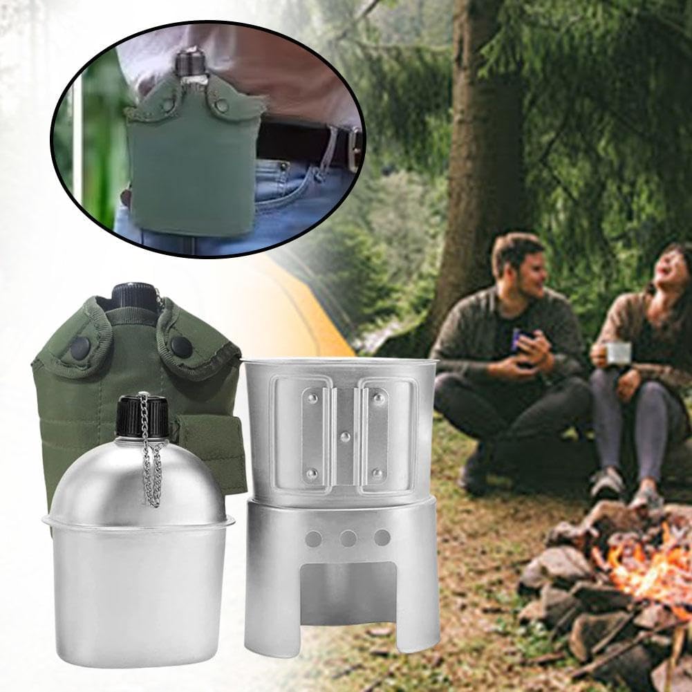 Canteen Cup and Stove Pouch Kit, Stainless Steel Camping Cookware Set with Alcohol Burner and Storage Bag, for Outdoor Backpacking Hiking Survival Gear