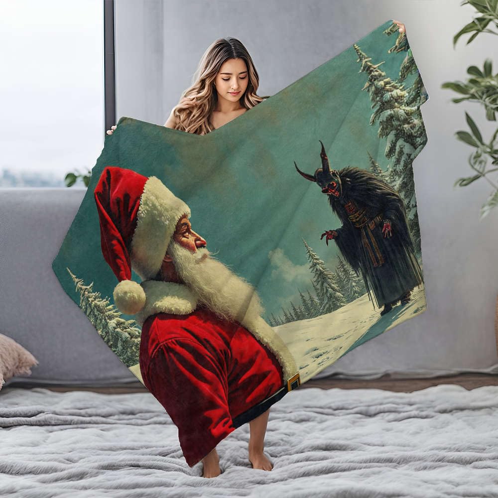 Couverture en flanelle motif Père Noël et Krampus grand plaid lit forêt enneigée
