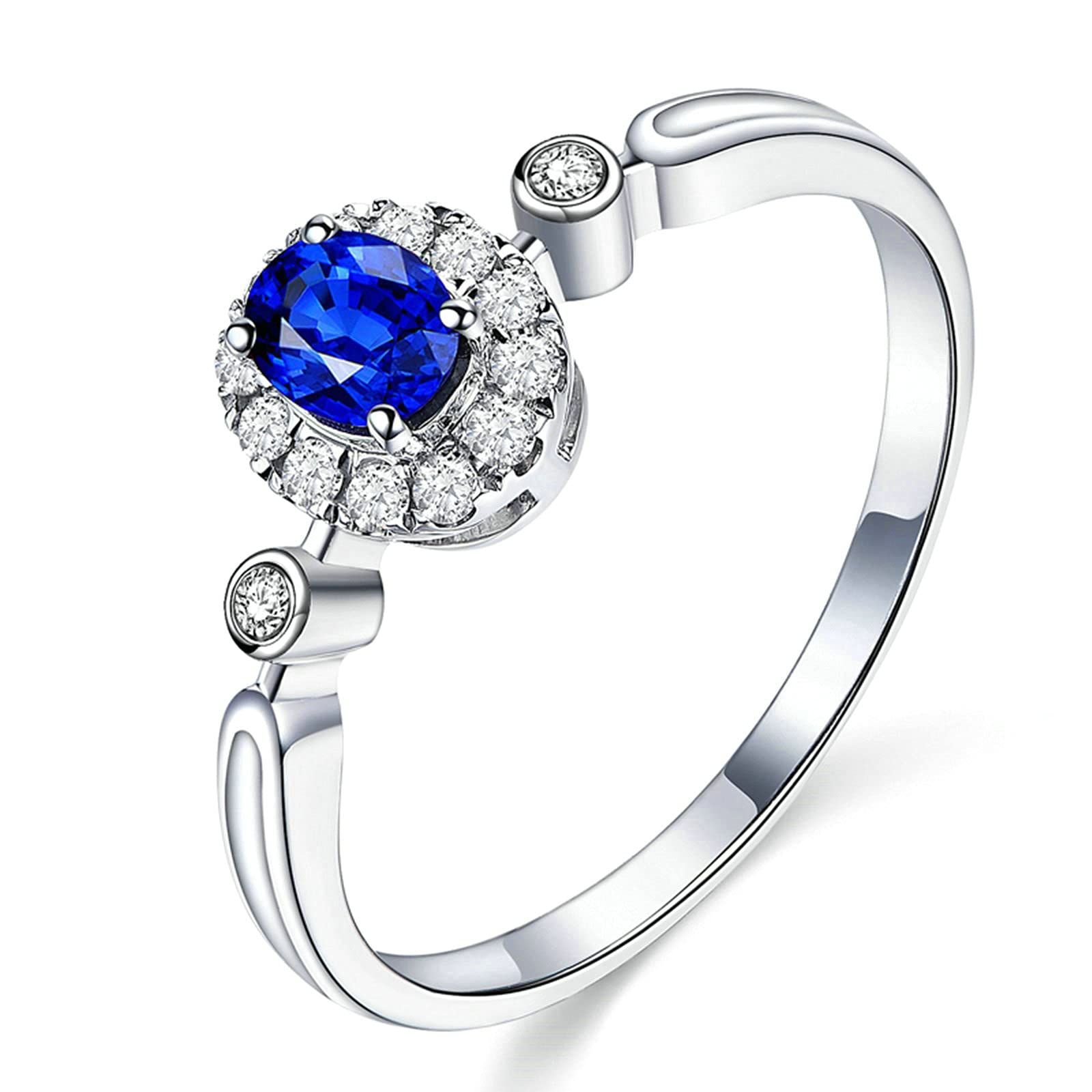 KnSam Anello Zaffiro Donna Oro Bianco, Fedi Nuziali d Oro Bianco Diamante Halo con Zaffiro 0.38ct Dimensione 6,75