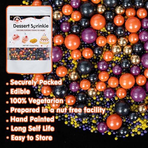 Image of Edible Pearl Sprinkles,130g Mixed Gold,Purple,Orange and Black Pearls,Perfect for Cake Decorations,Baking, Ice Cream,Cookies,Cupcake Topper