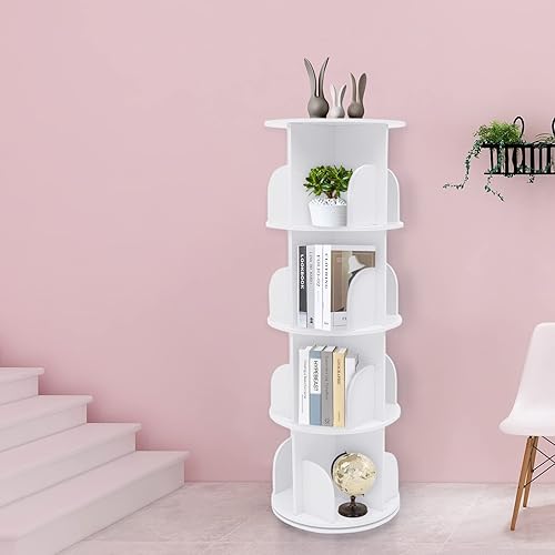 Miniatura 7 de Estantería giratoria blanca de 360°, estantería alta apilable de 4 niveles con estantes de almacenamiento, estantería de pie para sala de estar,