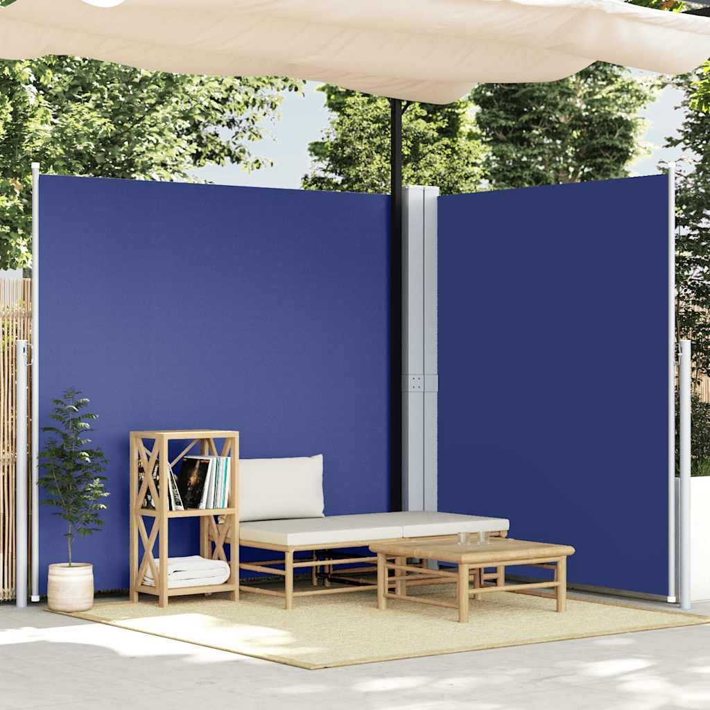 Store latéral extensible bleu 220x600 cm en polyester avec support acier et aluminium pour jardin