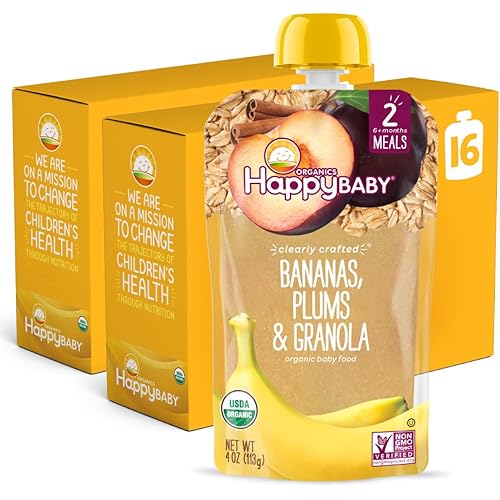Happy Baby Organics Stage 2 Baby Food Pouches, Gluten Free, Vegan & Healthy Snack, Clearly Crafted Fruit & Veggie Puree, Apples, Bananas, Plums & Granola, 4 Ounces (Pack of 16)
