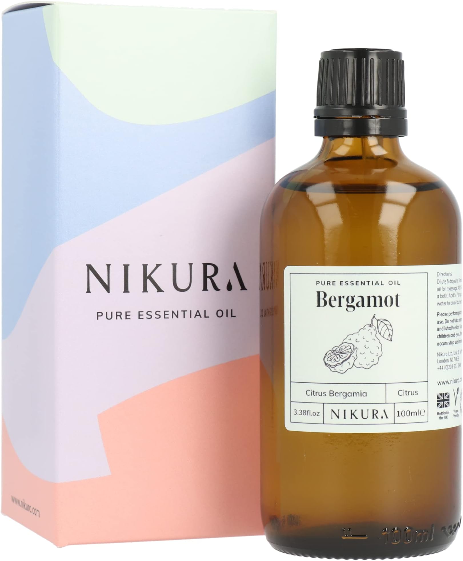 Nikura Bergamot Essential Oil - 100ml | 100% Pure Natural Oils | Perfect for Aromatherapy, Diffusers for Home, Humidifier, Bath | Great for Self Care, Candle Making, Soap | Vegan & UK Made