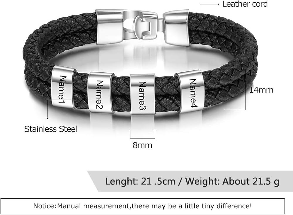 Miniatura 2 de Pulseras de cuero personalizadas para hombre, pulsera con nombre para papá, grabado gratuito, cuentas de nombre de familia, pulseras de