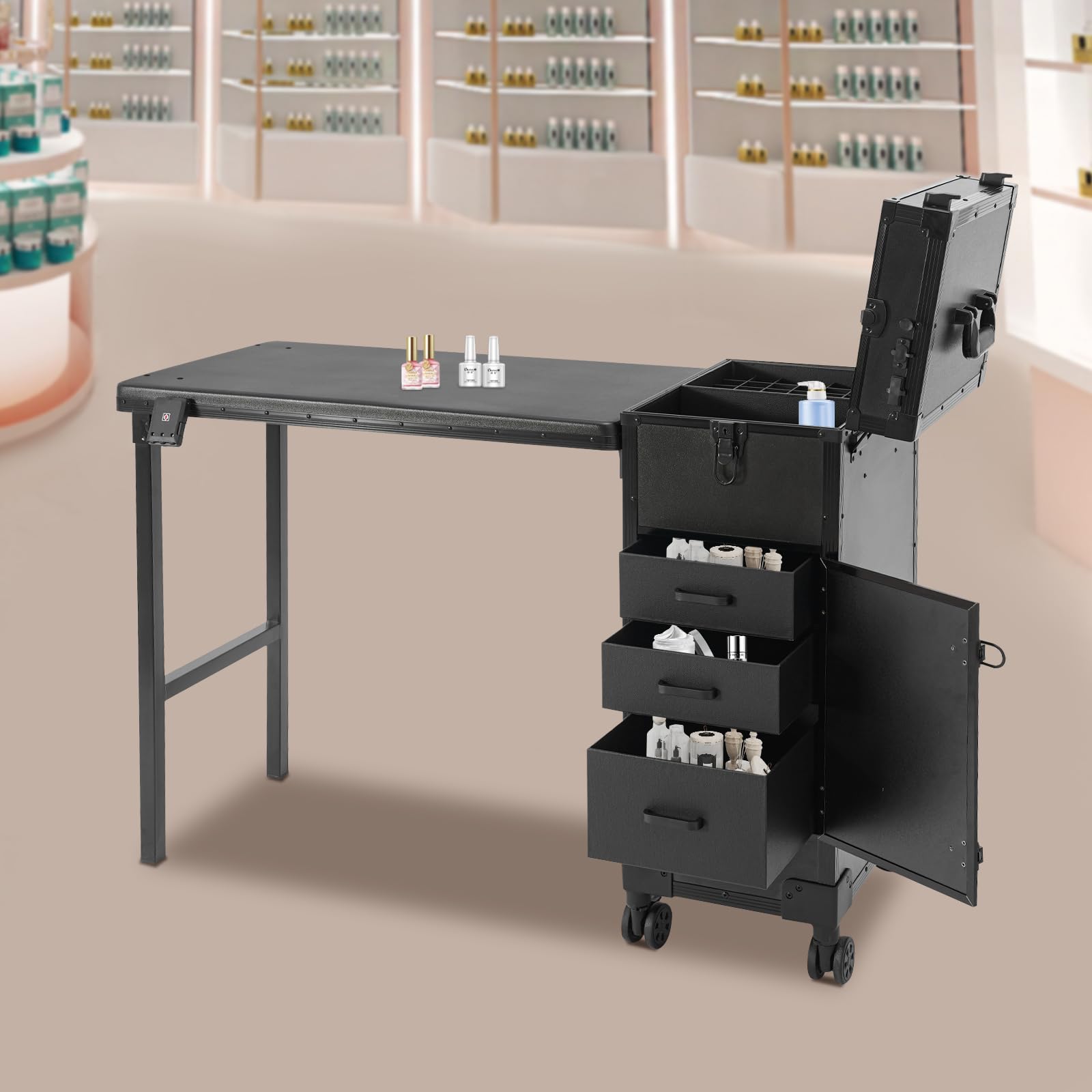 Maletín de maquillaje con espejo y Bluetooth y ruedas – 3 cajones – Grande moderno, capacidad de carga de 50 kg, para peluquería y belleza