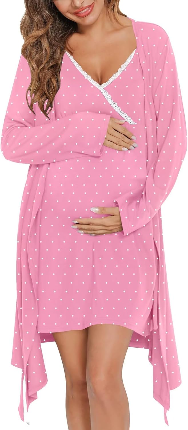 SWOMOG Maternity Robe 2 Piece Nursing Nightgown Set