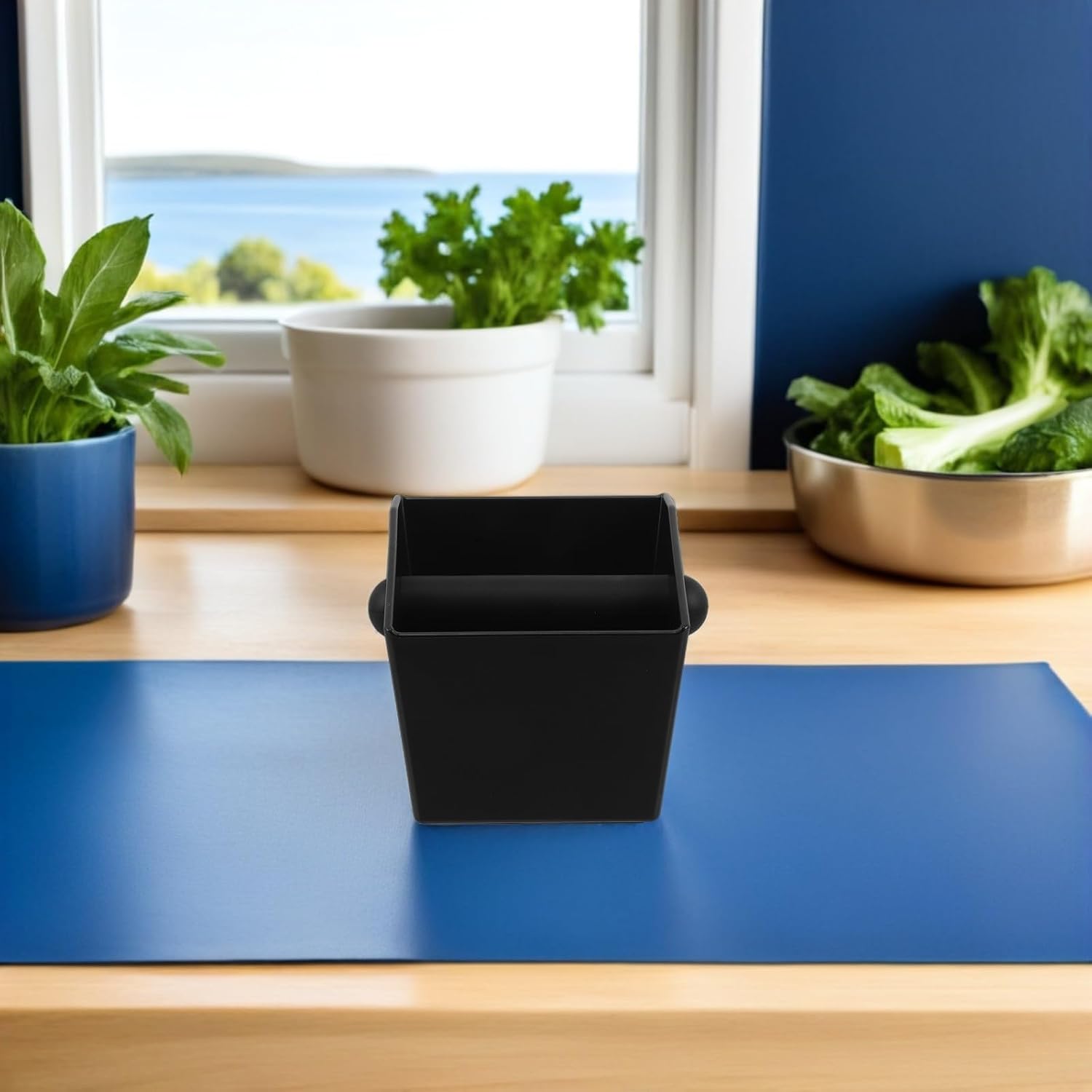 Large Capacity Coffee Grounds Knock Box with Removable Knocking Bar and Non-slip Base, Black Square Abs and Silicone Espresso Knock Container for Home Kitchens and Office