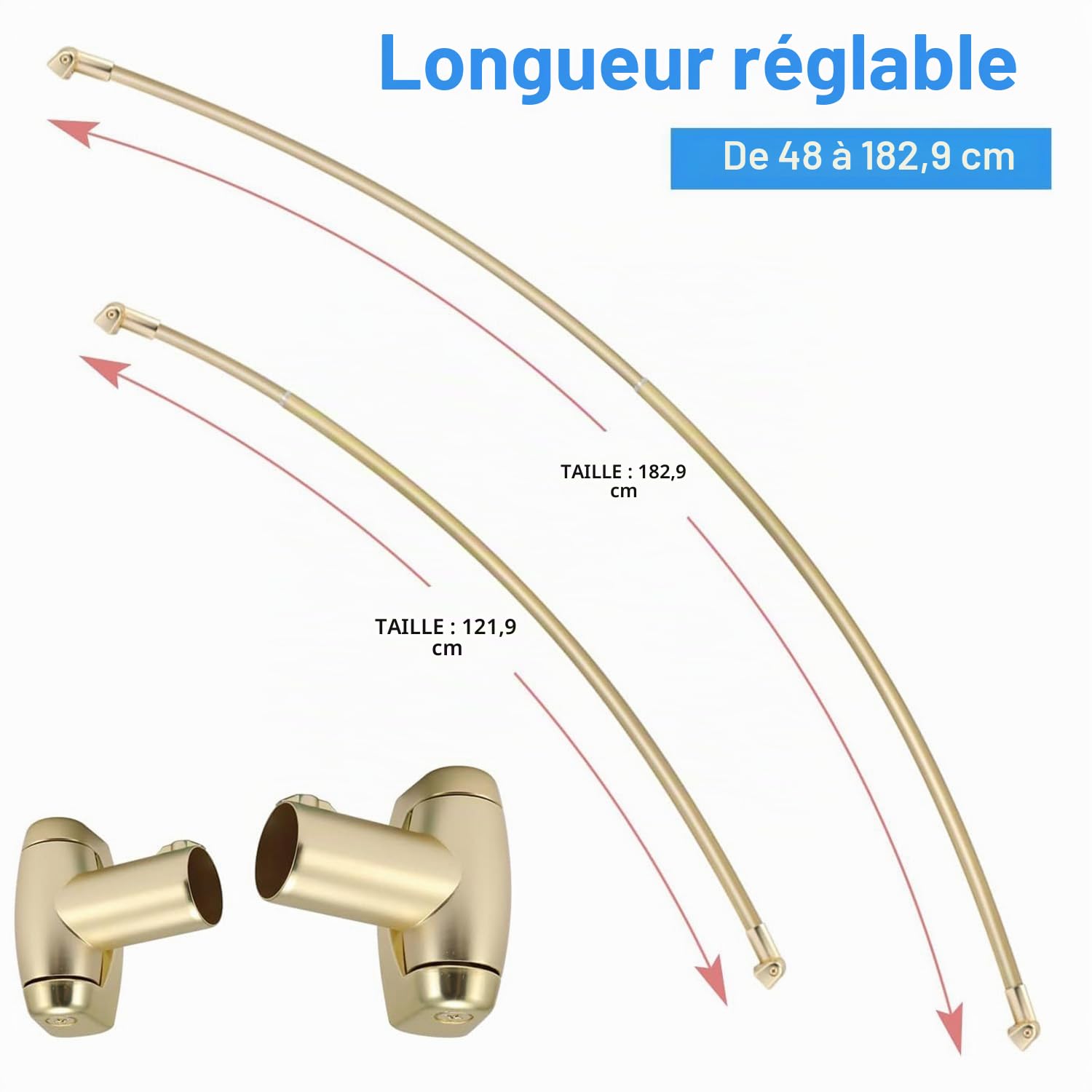 TOPROD Tringle à rideau de douche incurvée réglable de 122 à 183 cm pour salle de bain, barre de rideau de douche extensible en acier inoxydable, design télescopique personnalisé pour la baignoire,