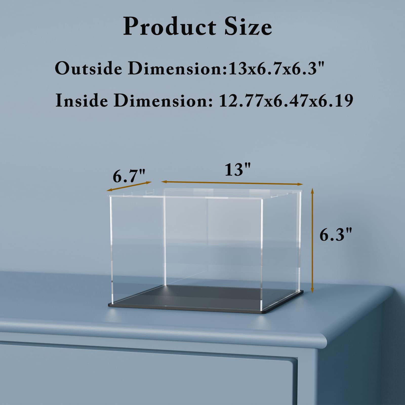 HEMYLU Acrylic Display Case with Lid, Rectangle Clean Acrylic Box with Matte Black Stand for Collectibles (13x6.7x6.3 inch)