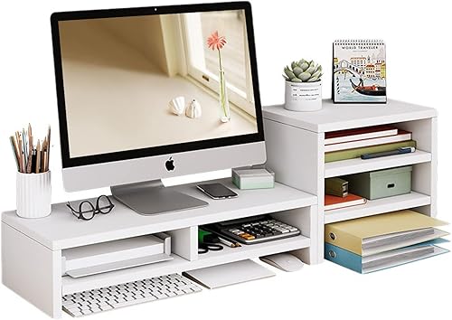 Elevador de monitor de madera, soporte para monitor de computadora de 2 niveles con estante de almacenamiento