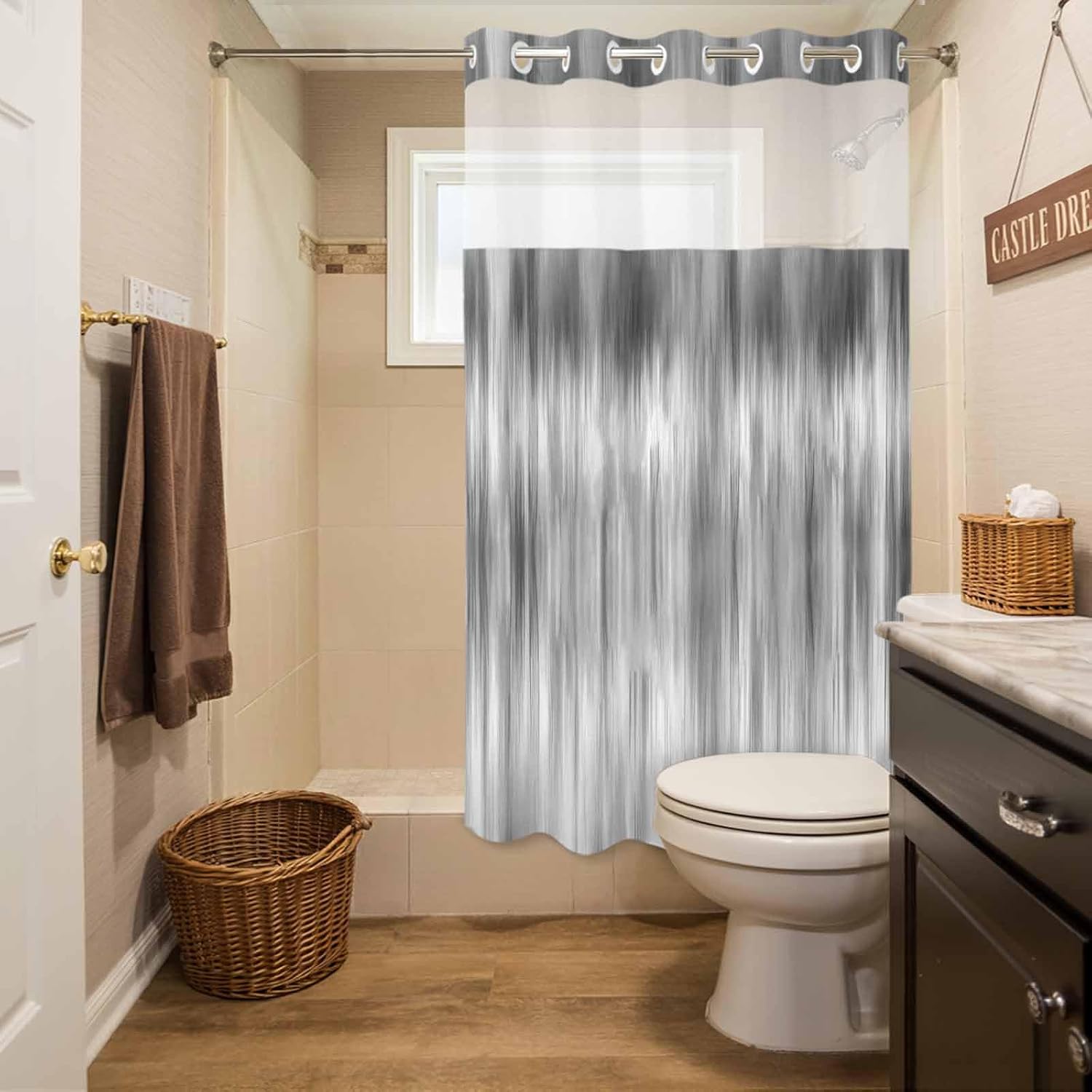 No Hook Shower Curtain and Snap in Liner Set, Grey Fabric Bathroom Stall Shower Curtains 54x78 Inch, See Through Mesh Top Window, Modern Abstract Art Ombre Striped Hotel Style, Washable Waterproof