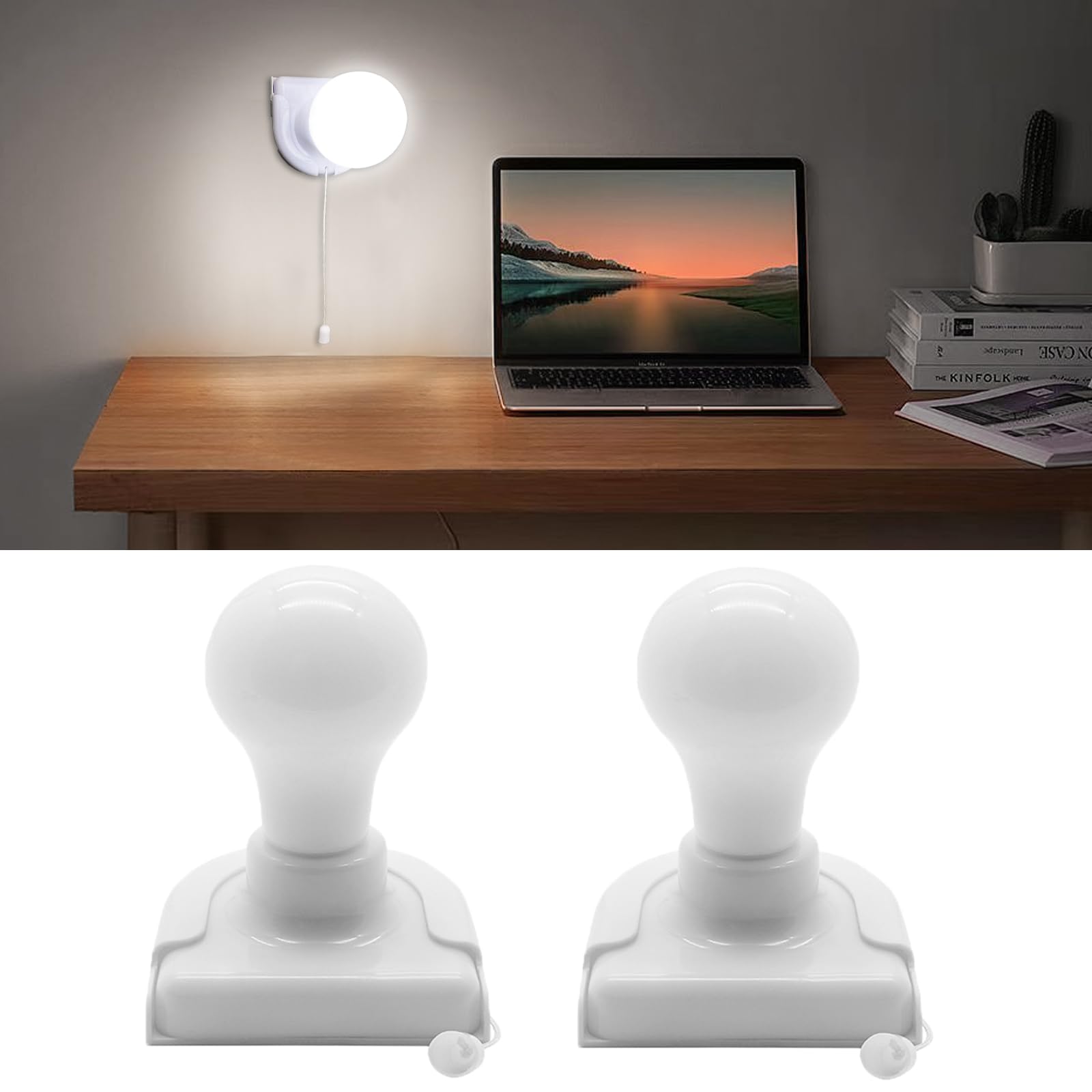 Shuwea 2 Pack Stick-Up Battery Operated Light Bulb, Wireless LED Closet Light Bulb, Self Adhesive Wall Mounted Light Fixture with Pull Chain for Cabinet Bedroom Living Room Kitchen, Milk White Cover