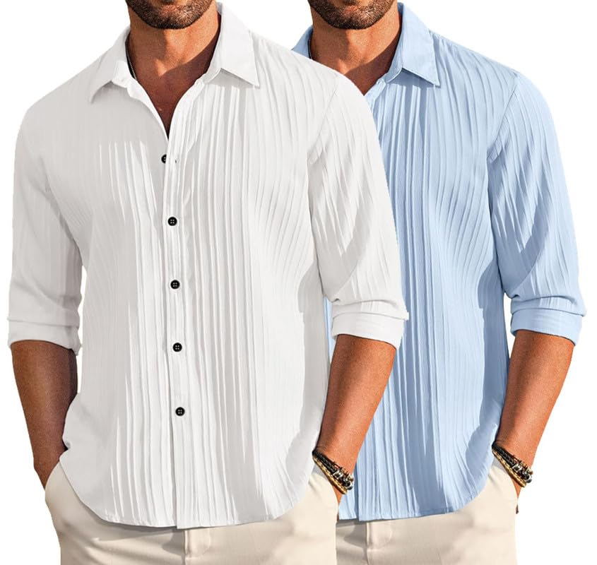 Image of DEELMO Combo of Men's Casual Button Down Shirts Long Sleeve Linen Shirt Fashion Textured Summer Shirts Pack of 2