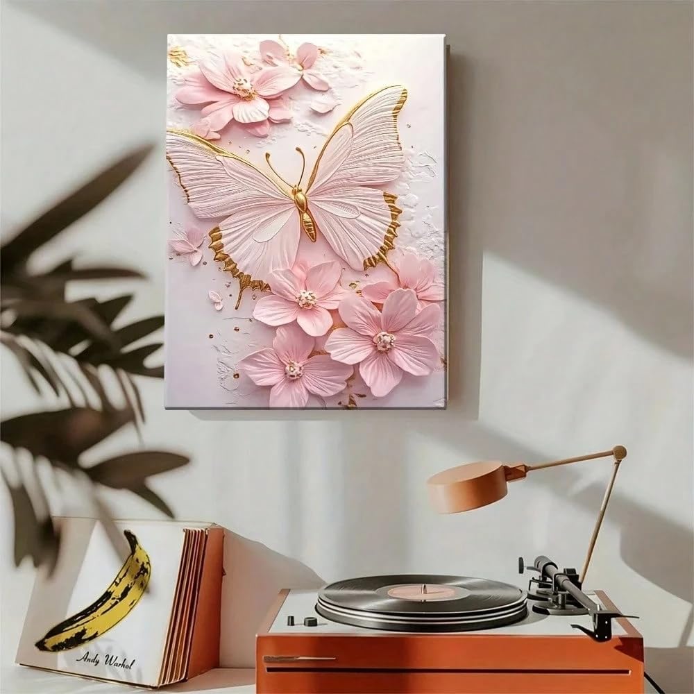 1 lienzo decorativo de pared, con estampado floral de mariposas rosas y doradas, ideal para la decoración de la sala de estar, la cocina o la oficina (70x120cm/Sin marco).