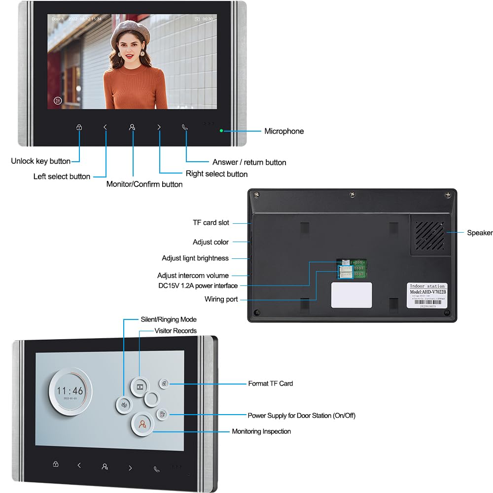 WLAN Wireless Video Türsprechanlage,1080P Außenkamera,7 Zoll AHD Touchscreen Wireless Monitor,PIR Bewegungserkennung,Nachtsicht,Tuya APP Steuerung (3 Familienhaus)