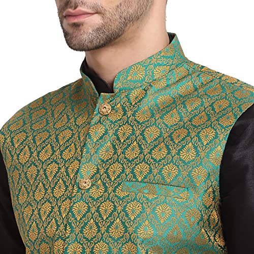 Image of KRAFT INDIA Mens Gold Silk Blend Kurta and Churidar Set With Jacquard Paisley Nehru Jacket