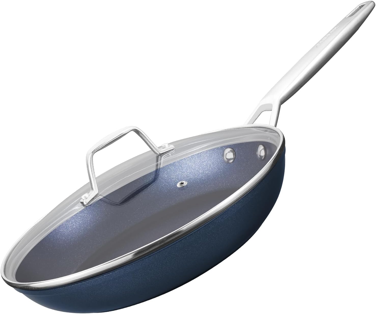 MsMk 8 inch Non stick frying pan with lid, Egg Omelet Skillet, Titanium and Blue Diamond Non-Toxic Coating From USA, Dishwasher and Oven Safe, Compatible with All Cooktops, Induction Ready