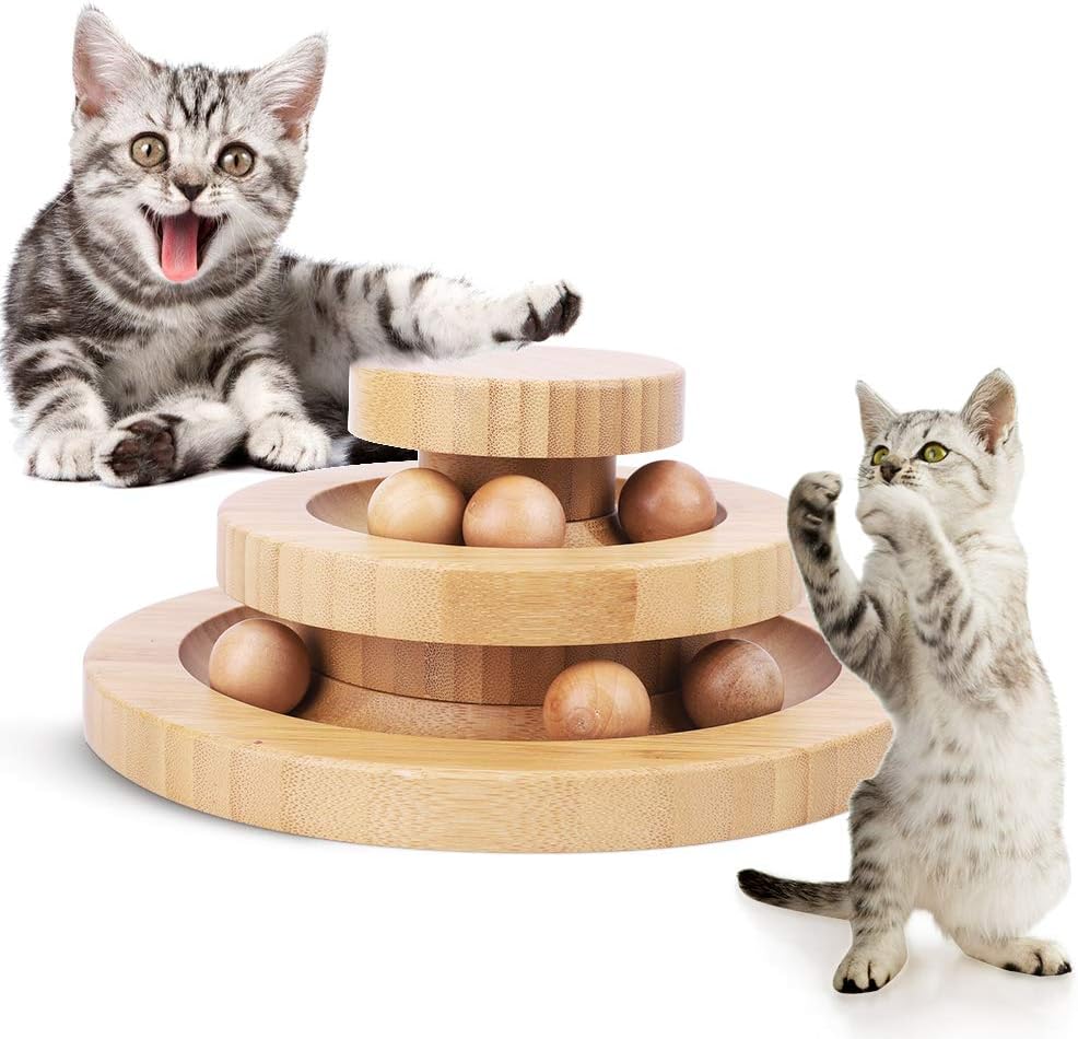 AriTan Cat Toys, Cat Ball Toy, Wooden Cat Toy for Indoor Cats Interactive 2-Levels Kitten Tower Roller Toys with 6 Balls Funny Track Cat…