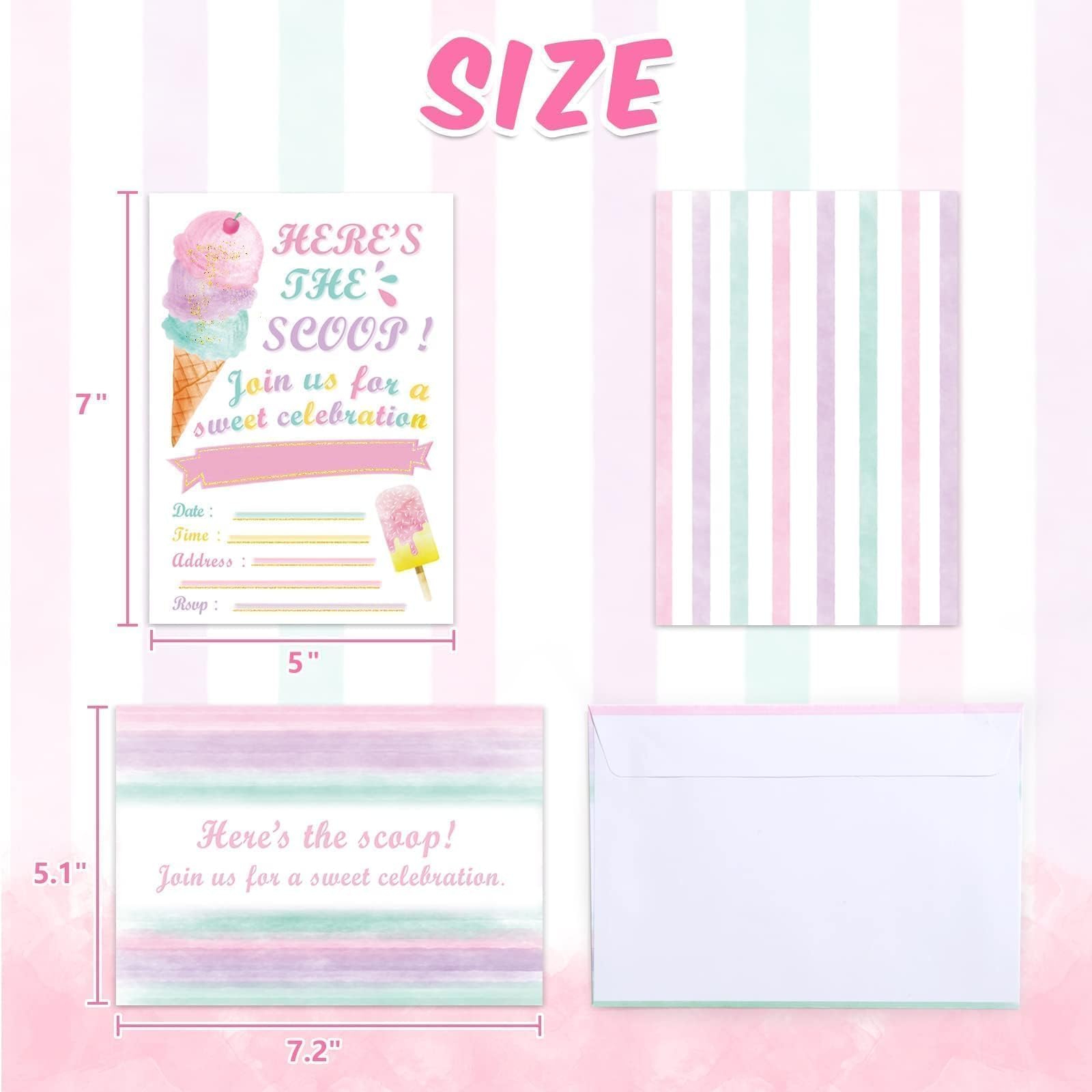 WERNNSAI Ice Cream Party Invitations with Envelopes -20 Sets Pink Ice Cream Birthday Invitations for Girls Sweet Popsicle Fill in Invite Cards for Baby Shower Wedding Party Supplies