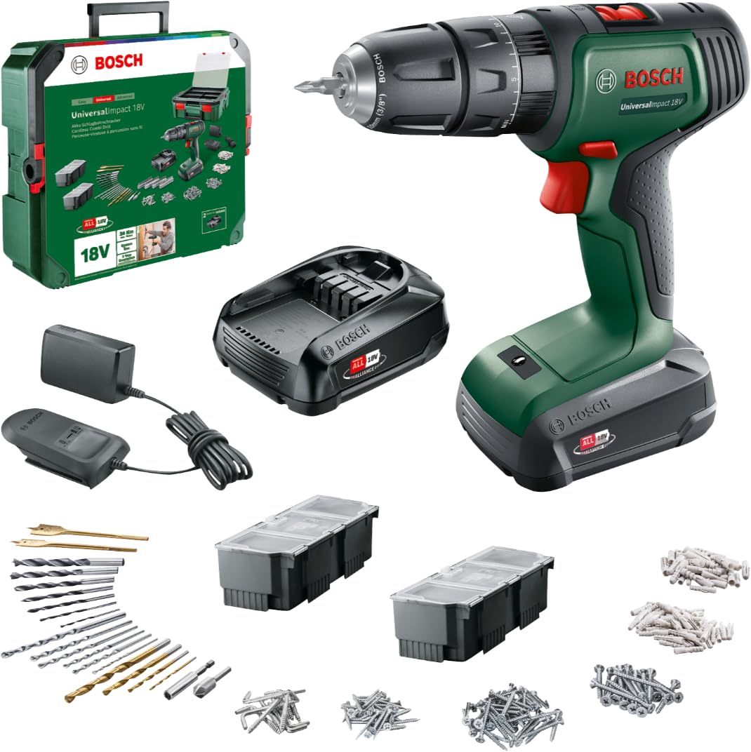 Bosch UniversalImpact 18V Akülü Darbeli Matkap, 2 x 1,5 Ah + AL 1810 CV + Systembox S + 241AC
