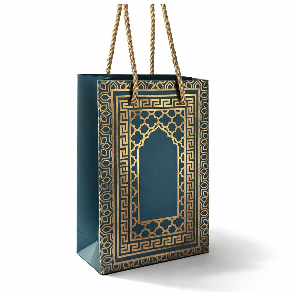 10Pcs Luxury Gold Foiled Islamic Gift Bags – Pack of 10 Premium Teal Gift Bags with Rope Handles – Elegant Eid, Umrah, Hajj & Special Occasion Gift Packaging – 12 x 8 x 5 cm Decorative Favour Bags