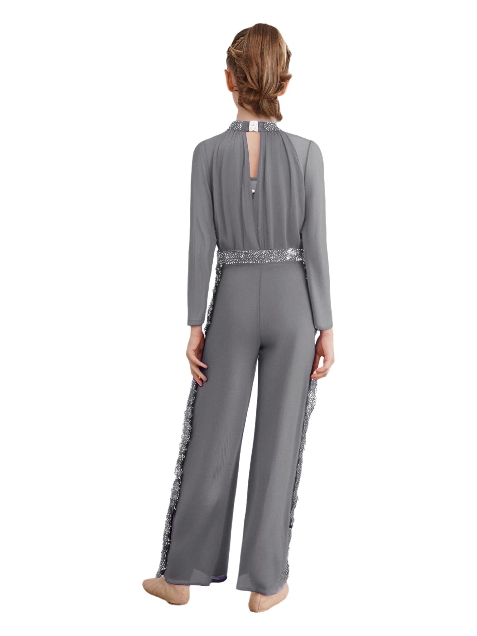 Gymnastikanzug Mädchen Langarm Kinder Pailletten Und Strass Glitzer Tanzanzug Mesh Patchwork Body Mit Hose Leggings Weites Bein Tanzkostüm