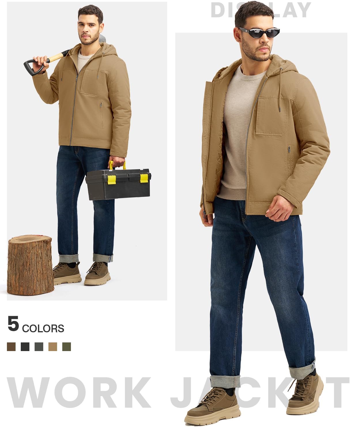 Rdruko Men's Winter Work Jackets Hooded Quilted Cotton Wram Coat Utility 4 Pockets Workwear - Image 6