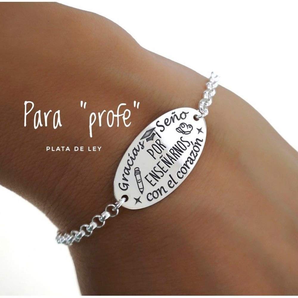 Pulsera de Plata con Mensaje para Regalar a profesoras Gracias seño por enseñarnos con el corazón Hacer maestras de guardería, Infantil o Primaria
