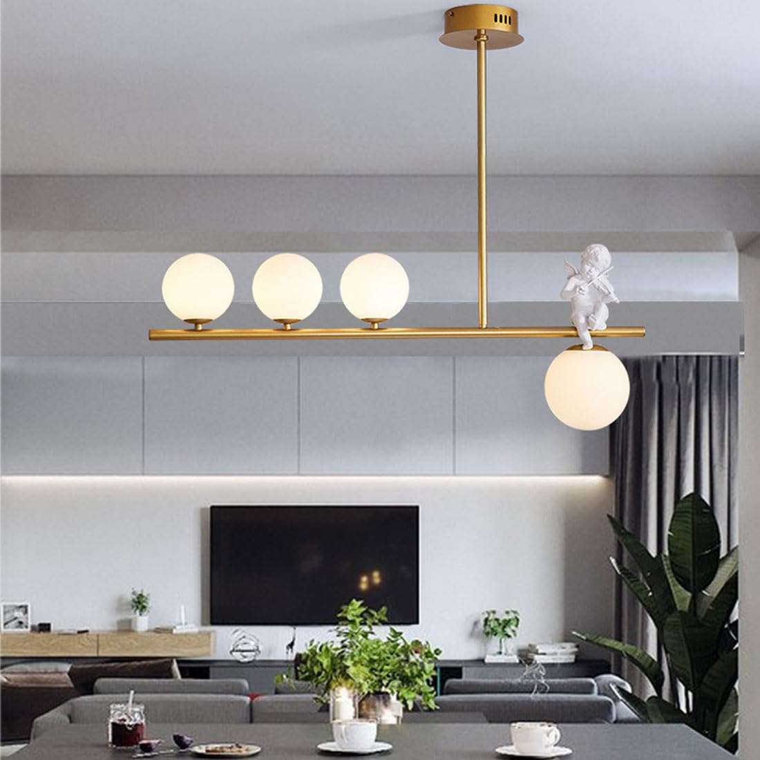 ISCBAFYX Żyrandol restauracyjny w stylu nordyckim, trzygłowicowe lampy stołowe, minimalistyczne lampy barowe w pokoju, luksusowe lampy, złoto, 4 głowice