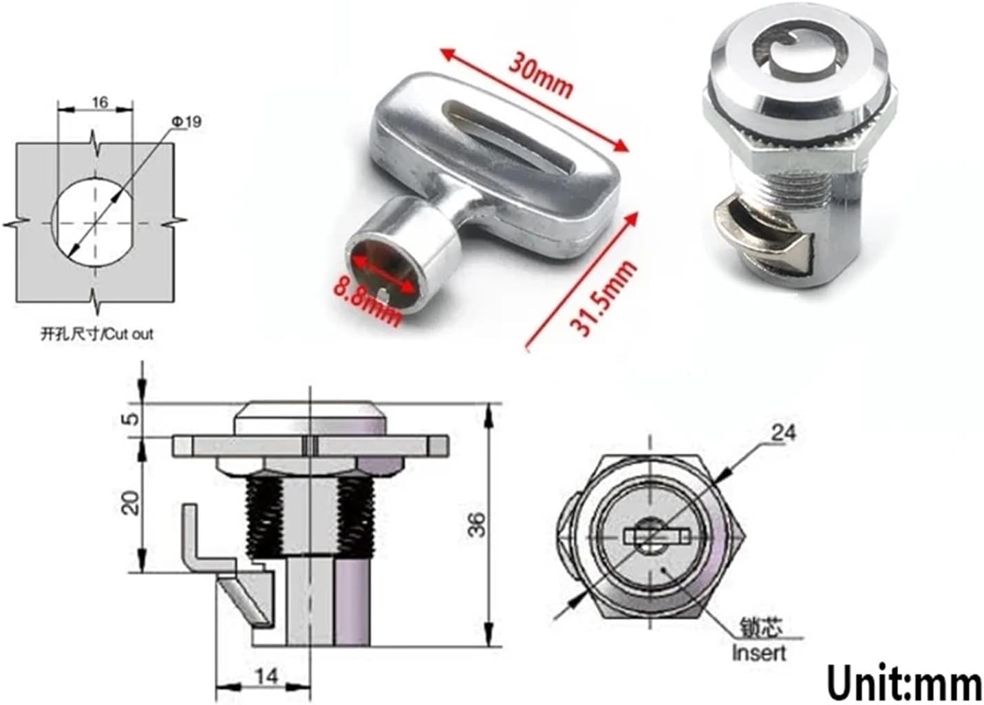 Cabinet Door Switch Control Door Lock Telescopic Rotary Latch Triangular Cylindrical Lock MA097 1Pcs(E)