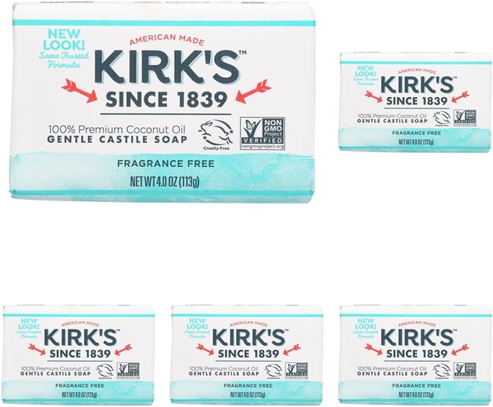 Kirk's Natural Original Coco Castile Soap Fragrance Free, 4 Ounce (Packaging may Vary) (Pack of 5)